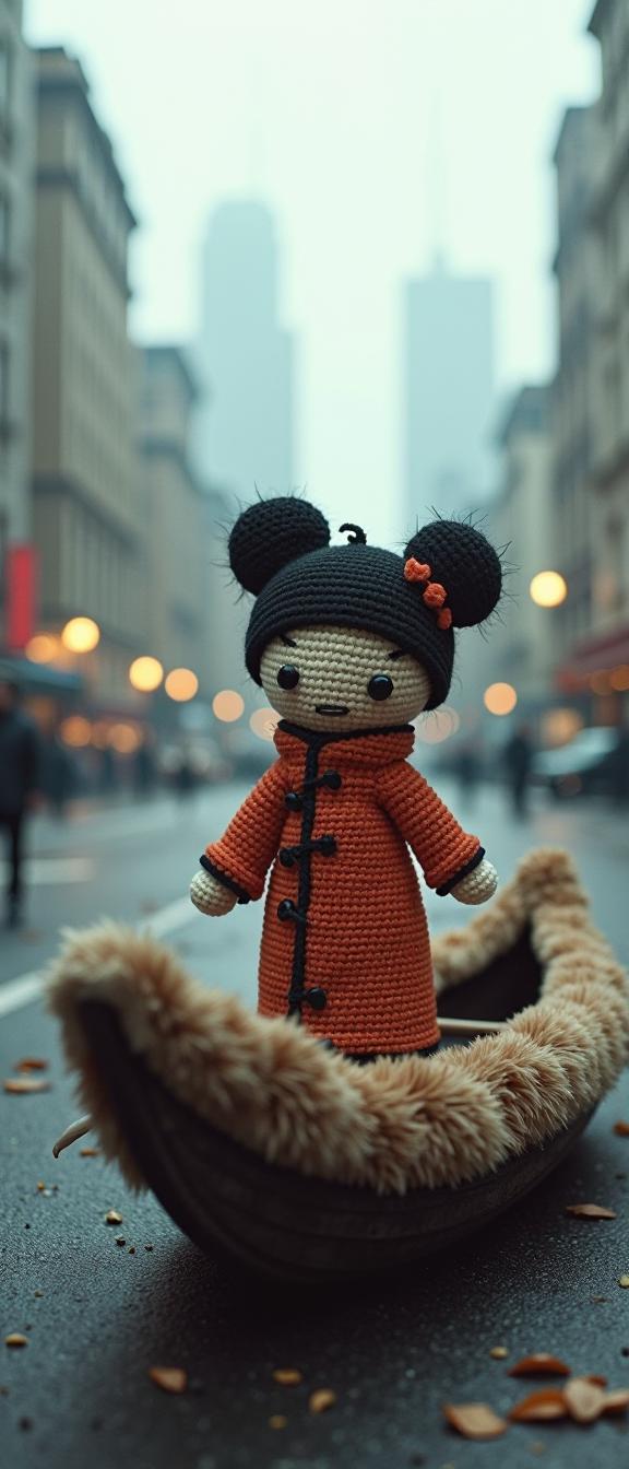 A photograph of a Fur Trimmed Asymmetrical Qin Dynasty Boat of Strength in an urban landscape with anthropomorphic reimagining as a Crochet doll character, captured with a raw emotion and desolate nature, illuminated by wide view of the city skyline, digital screen print featuring Kodak Portra film grain
