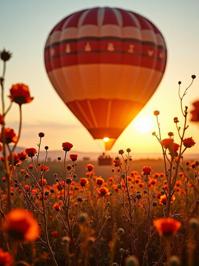 A photo of a bright hot air balloon with beautiful Berber flowers and roots in the style of Classic photography, captured at golden hour with low light conditions, featuring an artistic feel with classical motifs and symbols