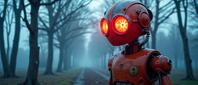 Photograph of a clockwork orange Stressed Ordered European in an anthropomorphic robot design inspired by the iconic design from A Clockwork Orange It is set against a backdrop of white oak trees and a blue horizon with a double exposure feel to the image The light is illuminated by a deep red glow, creating a haunting atmosphere reminiscent of a futuristic cityscape