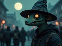 Photograph of a mysterious and anthropomorphic Oblivion game character in the style of Jim Woodring, starring Kayak from Bimbocore, with an additional oblique focus on the moon at night The background is filled with crowds and the moon casts a soft glow over the scene The image captures the essence of a surreal, well visualised