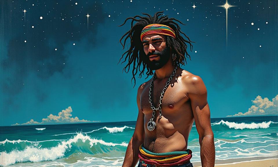 An image of a noble supernaturalist Libyan in a sci fi setting with a hippie like appearance, surrounded by stars and the sea The scene is painted in impressionistic style, with an emphasis on the aesthetic elements