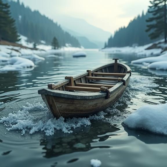 An etched traditional Sled in the background is surrounded by a crowded pond and tidal forces The image captures a surreal blend of low angle shot, digital art style, with deep roots in realism and aesthetics, creating an incredibly captivating work of art