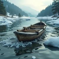 An etched traditional Sled in the background is surrounded by a crowded pond and tidal forces The image captures a surreal blend of low angle shot, digital art style, with deep roots in realism and aesthetics, creating an incredibly captivating work of art