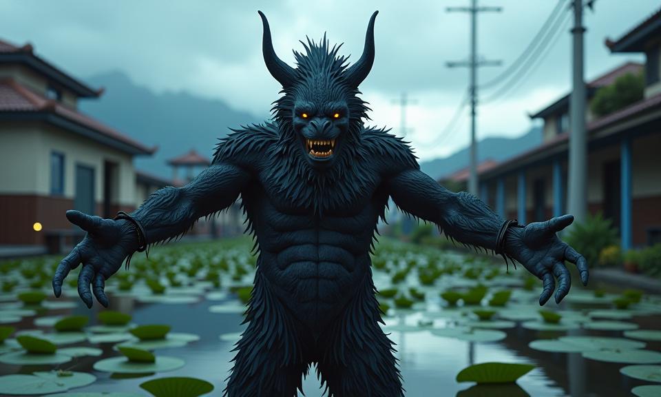 Digital art of a fierce New Zealander in a bokey costume, posing with his arms outstretched as if ready to take a selfie It is set against the backdrop of an urban landscape with water lily pads and overcast sky, adding to the surreal atmosphere The image has been made up of a combination of digital art styles, including photorealistic landscapes