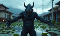Digital art of a fierce New Zealander in a bokey costume, posing with his arms outstretched as if ready to take a selfie It is set against the backdrop of an urban landscape with water lily pads and overcast sky, adding to the surreal atmosphere The image has been made up of a combination of digital art styles, including photorealistic landscapes