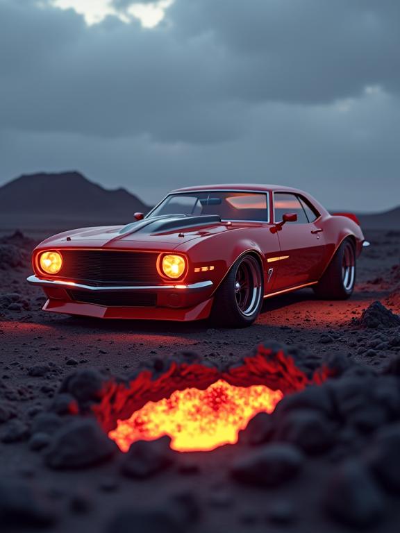 A photorealistic image of a modern Art Chevrolet of sloth with a cherrywood exterior and a bright neon lighting, set against the backdrop of an overcast sky and a lava pit in the foreground The image features intricate details such as the silhouette of the model, the bokeh effect from the camera angle, and the vibrant colors used for the background