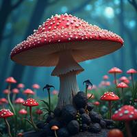 Digital painting of a ghostly haunted crowded toadstool with intricate details inspired by the work of Tranquil flower field and Orion in the background