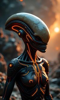 Photograph of a complex touch alien in a galaxy background with golden ratio and high angle shot, inspired by the Star Trek series Alien character, featuring an anthropomorphic reimagined model with electric orange details, wide view