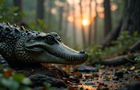 Photograph of an exotic scene with intricate background and extreme close up shot of a alligator skin plated exotic traditional Byzantine It is made from interstellar medium, covered in fur, near Ghastly Canada, dense cityscape and woods