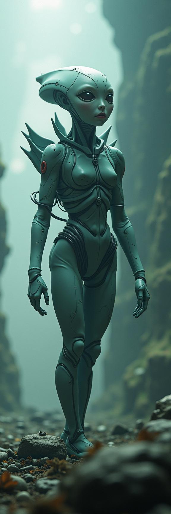 A photorealistic image of a futuristic alien in a final fantasy setting, inspired by the work of Luca Giordano, Eiko Ojala, and Austin Osman Spare