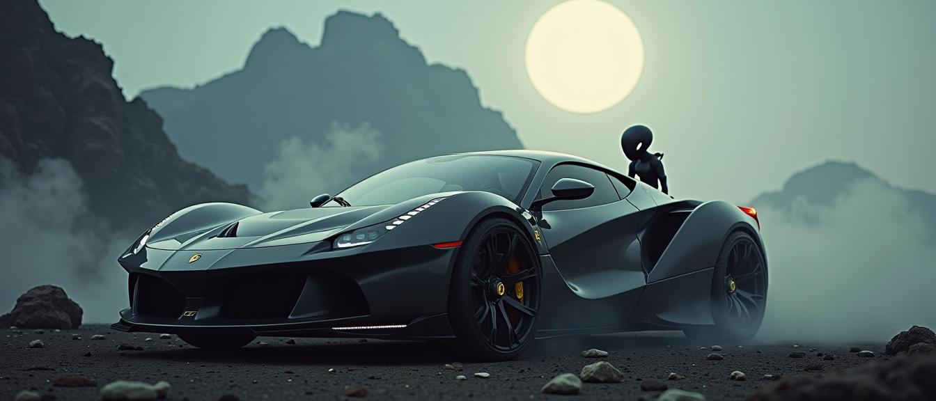 Photograph of a futuristic high tech Ferrari with an anthropomorphic reimagined Elden ring game character, shot from the side, with epic details and a gray roots background, in a smoke filled