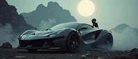 Photograph of a futuristic high tech Ferrari with an anthropomorphic reimagined Elden ring game character, shot from the side, with epic details and a gray roots background, in a smoke filled