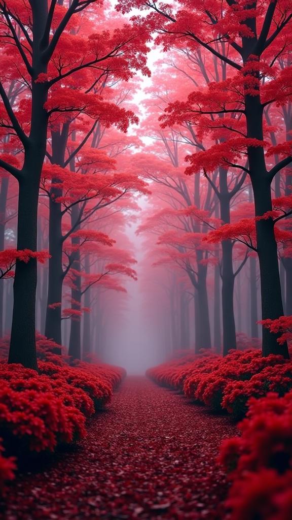 Digital art of a dogwood forest, surreal fantasy concept art with a hint of hazy and soft focus lighting, featuring Red hue tones, Hazy conditions