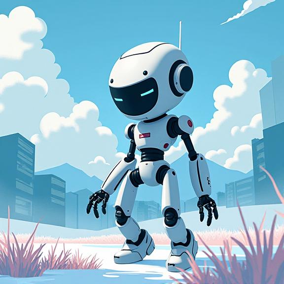 Digital illustration of a robot character with an Icy reed and field background, inspired by the iconic RoboRope Bridge in Tokyo s Roppongi district