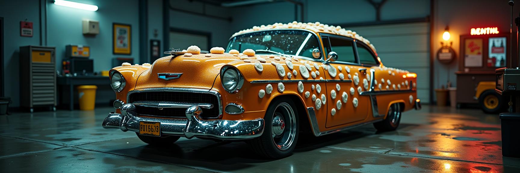 Photograph of a Chevvy Chevrolet with Seashells and Honeycomb on The Engine Cover, Embraceable the Handsome Man in the Style of Emergent and Charismatic, It is from an elusive Tool Shed Inside a Cyberpunk , He is made out of Honeycombs and Shines and a Extreme weather with Stormy clouds