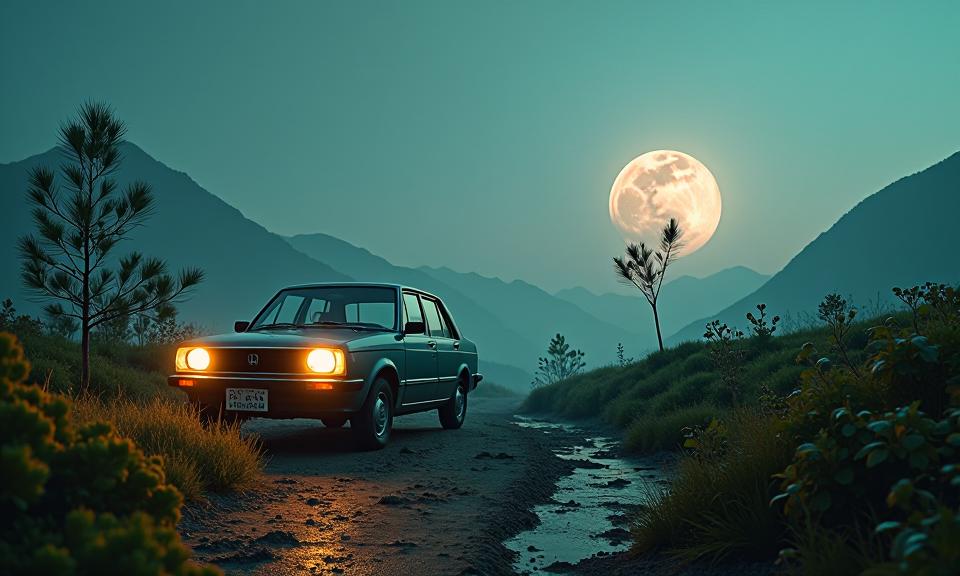 An image of a surreal scene featuring a Honda Luna from the s, surrounded by crowded vegetation and planet Mercury in background, with a delicate focus on short exposure to create an ethereal and confounding atmosphere