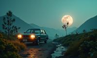 An image of a surreal scene featuring a Honda Luna from the s, surrounded by crowded vegetation and planet Mercury in background, with a delicate focus on short exposure to create an ethereal and confounding atmosphere