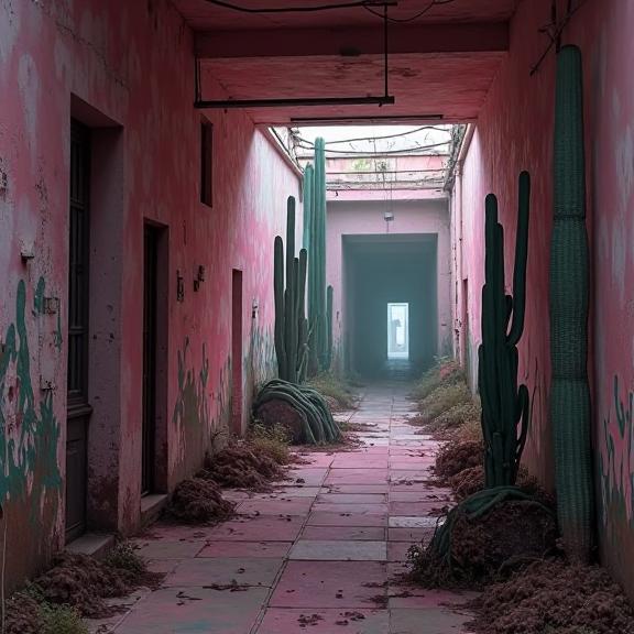 by Anja Millen and douard Vuillard and Katia Chausheva , photograph, hyper detailed, landscape of a Inspired Organic Blush Pink and Navy Networked Alleyway from inside of a Cyberpunk alleyway