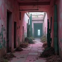 by Anja Millen and douard Vuillard and Katia Chausheva , photograph, hyper detailed, landscape of a Inspired Organic Blush Pink and Navy Networked Alleyway from inside of a Cyberpunk alleyway
