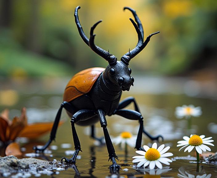 photograph, fairy tale, Sharp focus of a Rude Vile Stag Beetle of Opulence , fall background