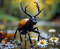 photograph, fairy tale, Sharp focus of a Rude Vile Stag Beetle of Opulence , fall background