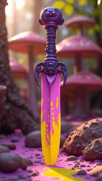 photograph, electric yellow paint splotches, hyper detailed, establishing shot of a fluorescent purple Masai Ritual knife of Temperance
