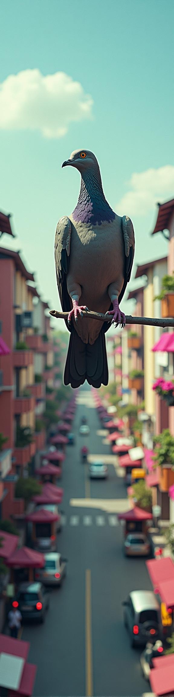 photograph, stylized, aerial shot of a Dragonpunk Tradition bound giant Mourning Dove , plain Colorful background