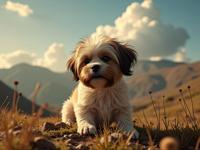 photograph, elegant, overhead angle of a Rusty Biomorphic Shih Tzu Puppy of Invasion , inside a Mystical hillside