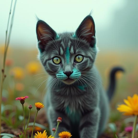 art by Larry Fink and Archibald Thorburn , photograph, Golden ratio, selfie of a Phenomenal Bizarre Charcoal and Teal American Bobtail Kitten