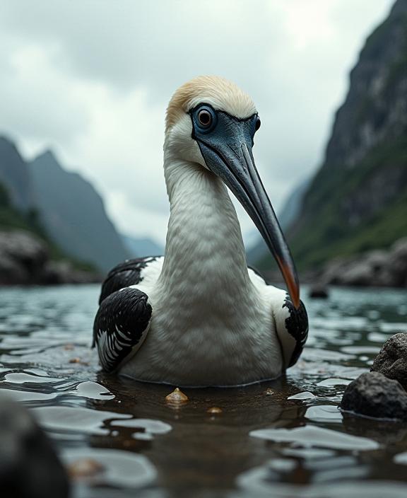 photograph, concept art, eye level shot of a Deep rooted Exhausted Northern Gannet with Feminine parts, Distinctive fauna in background