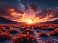 photograph, behance, landscape of a Aspiring Exquisite Saline Desert in the distance there is a Fields of wildflowers, crowded mountains and Black hole in background