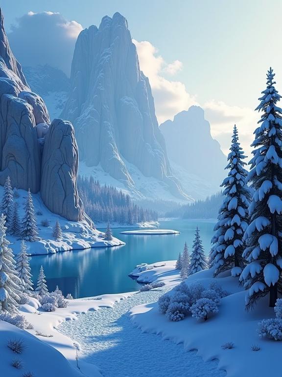 designed by Frans Snyders , photograph, stylized, landscape of a Pretty Clever Frostfall Hollow of the Icy Guardians in the distance there is a Floating islands of Avalon