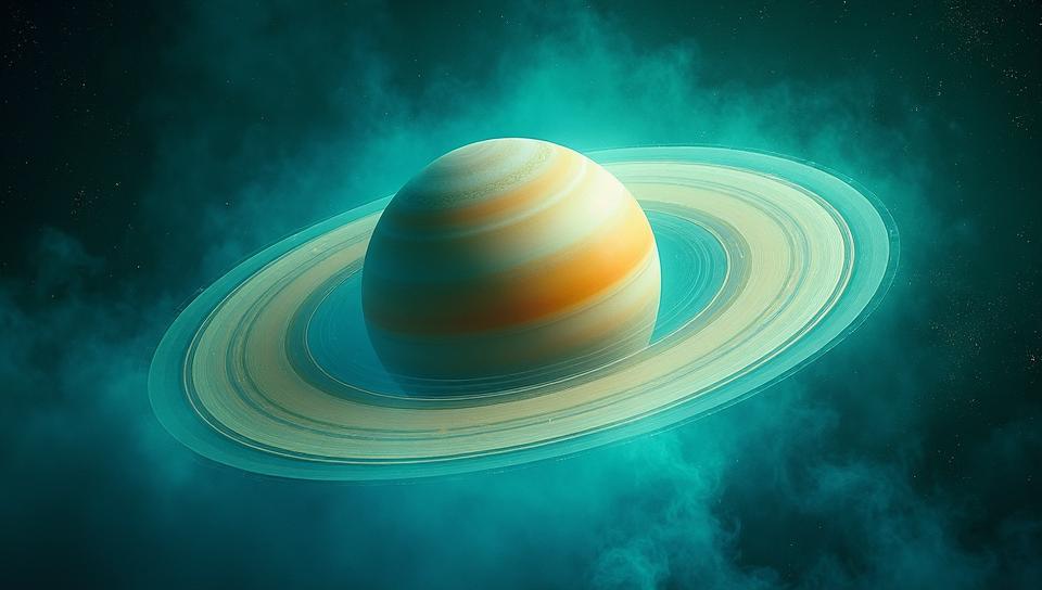 photograph, Meiji Era Planet Saturn, centered Turquoise background, Energetic