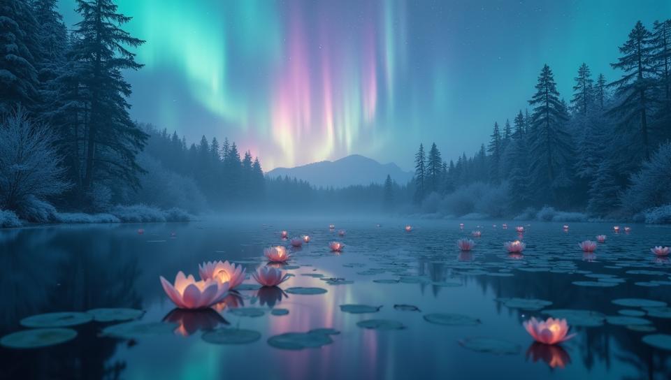 photograph, selfie shot angle of a Shimmering Fairy Tale Aurora Borealis of Instinct , pond, Sharp and in focus