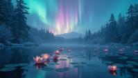 photograph, selfie shot angle of a Shimmering Fairy Tale Aurora Borealis of Instinct , pond, Sharp and in focus