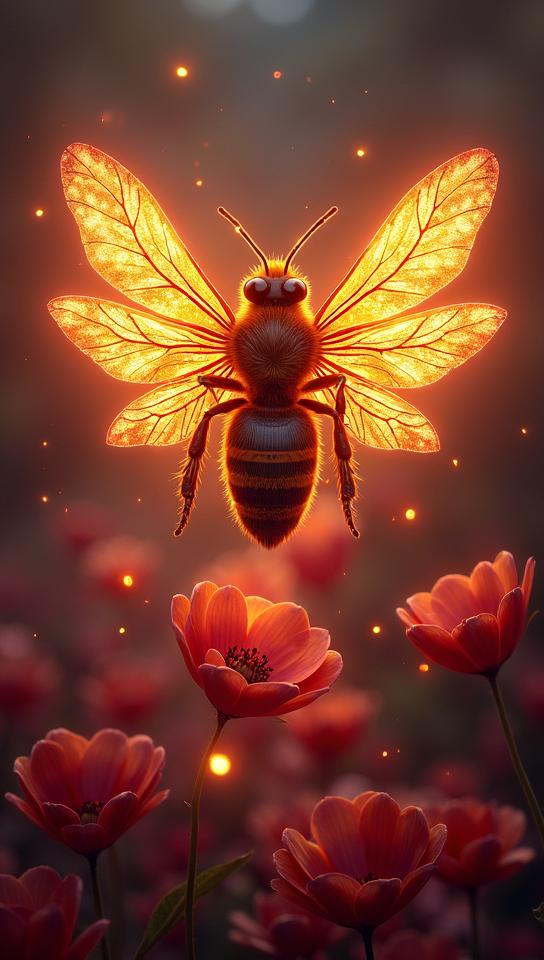 Concept art, Bewitching Bee, Neon Light, Floral motives
