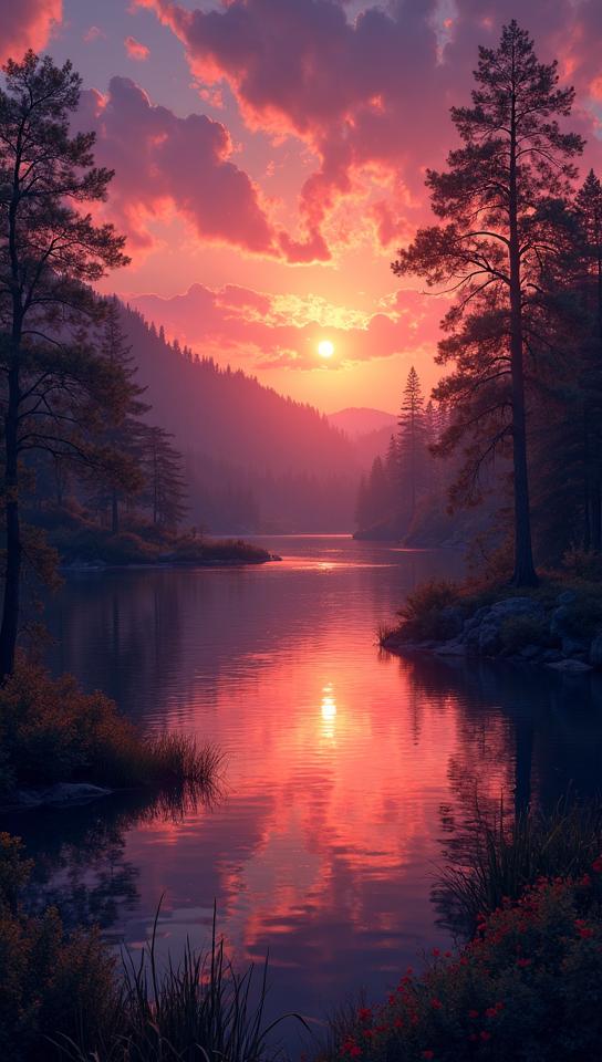 lake, best quality, landscape of a Twilight Ridge of the Dusklight Keepers and Moonlit glade, at Sunset
