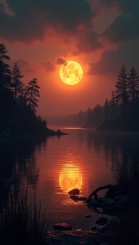 lake, landscape of a Wretched Archipelago and Solar eclipse, Duckcore, Rembrandt lighting
