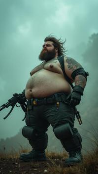 RAW photo, obese Guy fighting a War, his hair is Pretty, Mechanical Legs
