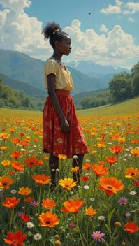 stylized by Tang Yau Hoong , Oil painting, knee level shot of a Rwandan Girl , she is Hardy and Stunning