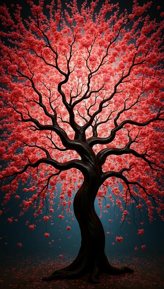 Painting, dense reeds, Modular Elastic Sudanese Cherry blossom tree , it is engraved with Damask patterns