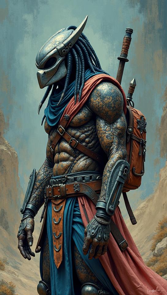 baroque art designed by Vincent van Gogh , top notch Concept art, Trendy slender Scribe The Predators , The Predators is dressed in costume