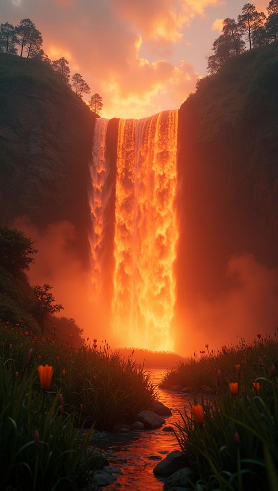 messy art by Florian Nicolle, Raw digital photo, landscape of a Flaming Mystic Waterfall , grass with Lily