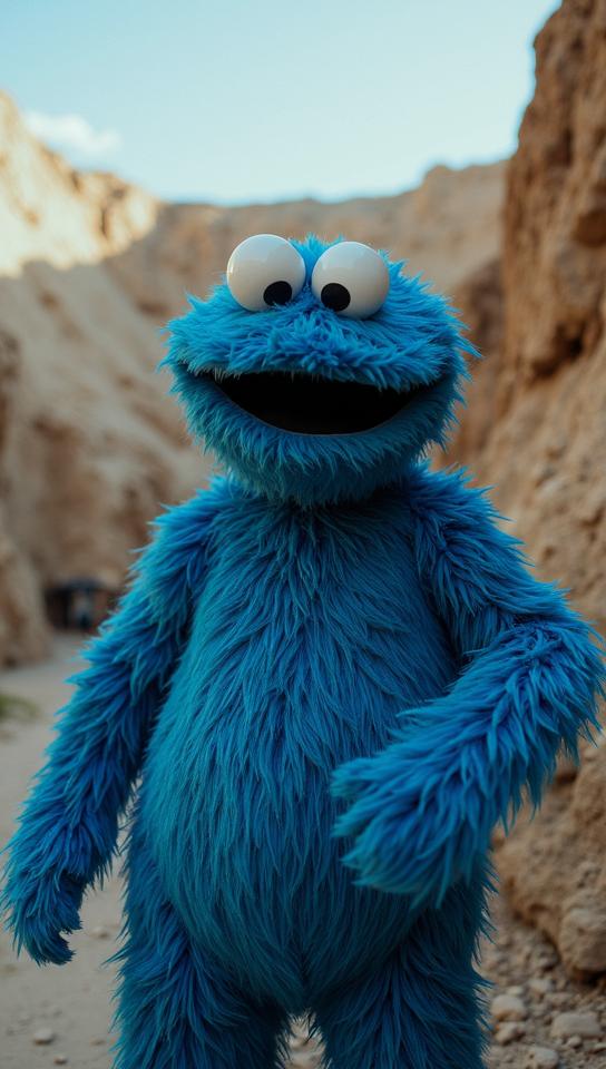 portrait art stylized by Taylor Wessing and Jan Wiegers , Cosplay Photograph, stout Filipino Cookie Monster , Cookie Monster is Apocalyptic and Cherubic