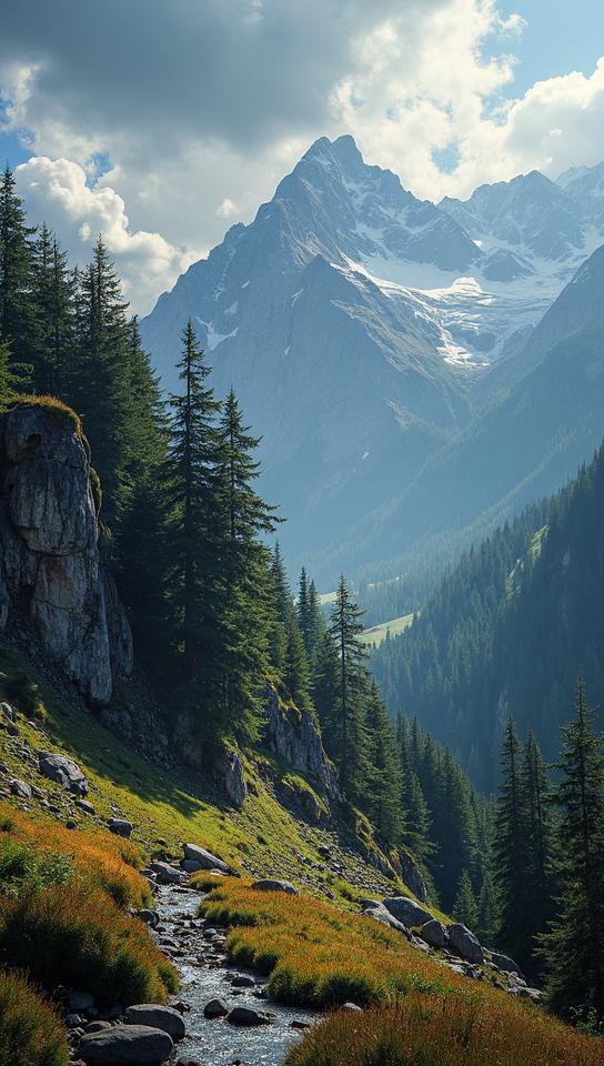 by Woody Allen , landscape of a Bare Rock Montane Forest from inside of The Alps, Lovely, Low Contrast