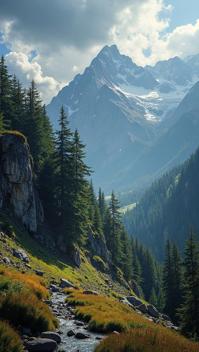 by Woody Allen , landscape of a Bare Rock Montane Forest from inside of The Alps, Lovely, Low Contrast