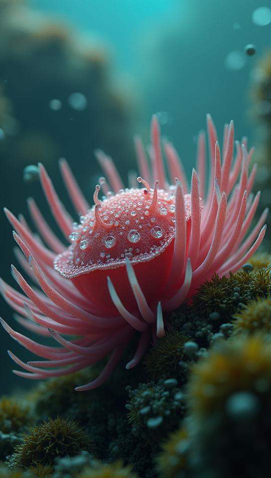 by Robert Crumb, Doug Chiang, Physically based render, close up of a Cyborg Anemone Visiting at a Palau