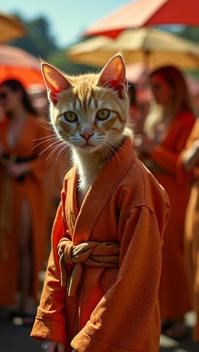 Amber Tovarisch baby Manx Cat , the person is Impeccable, surrounded by a group of people wearing Ruffle top Nightshirt and leggings , in Vibrant Alligator skin Kimono