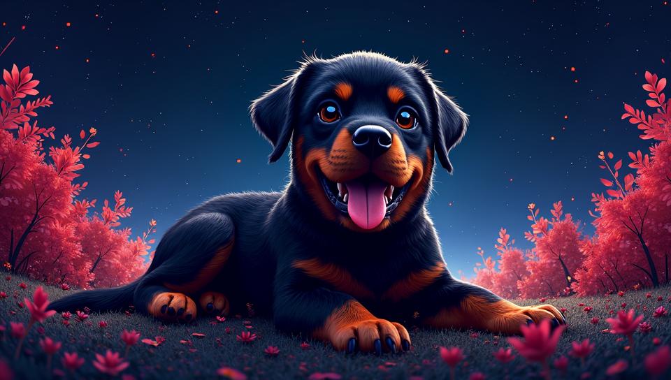 dark Spray paint style, colorful d blender render, Kawaii Rottweiler, foliage in background