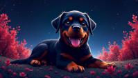 dark Spray paint style, colorful d blender render, Kawaii Rottweiler, foliage in background